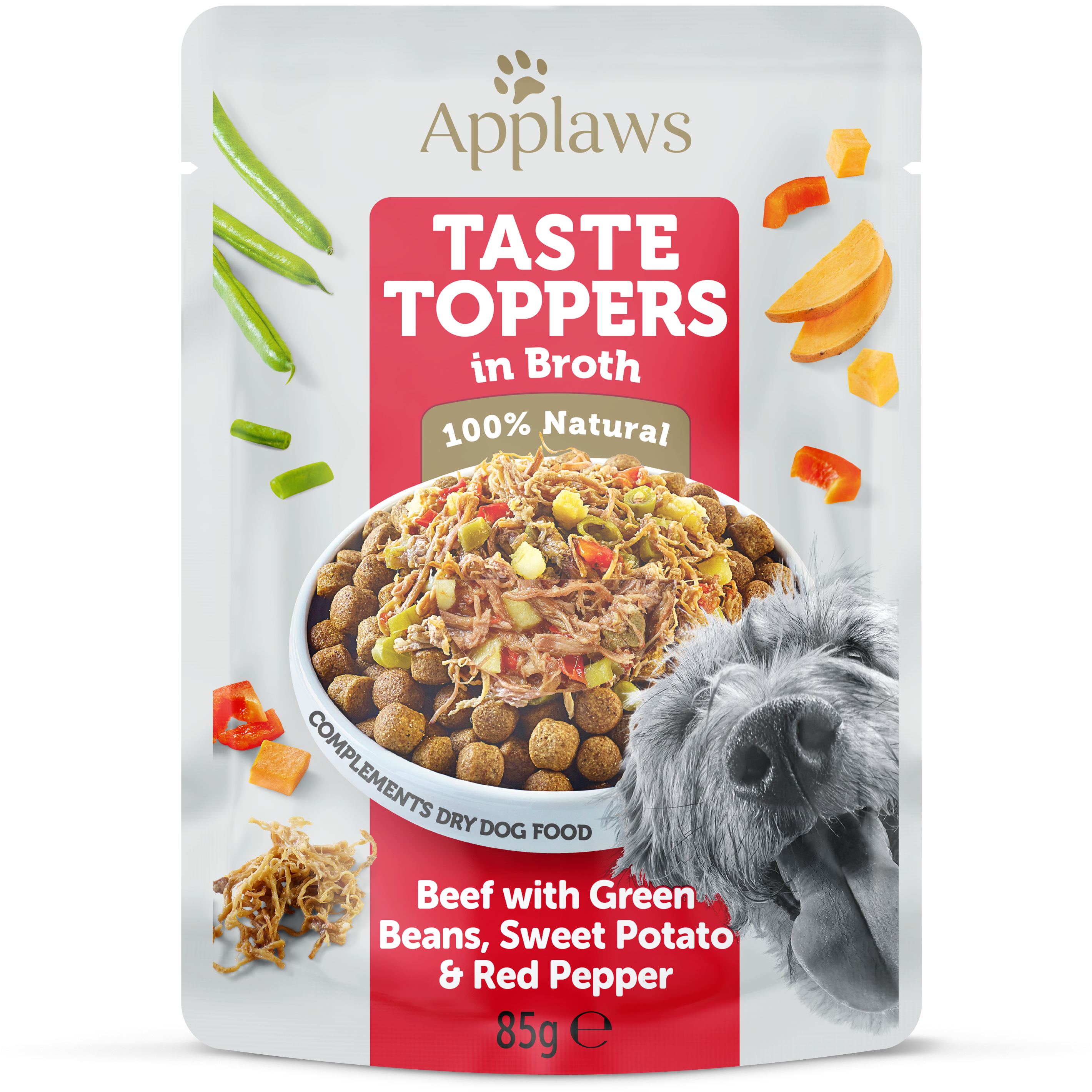 Applaws Tasty Toppers dog Pouch, Beef with Green Beans, Sweet Potato & Red Pepper in Broth, 85g