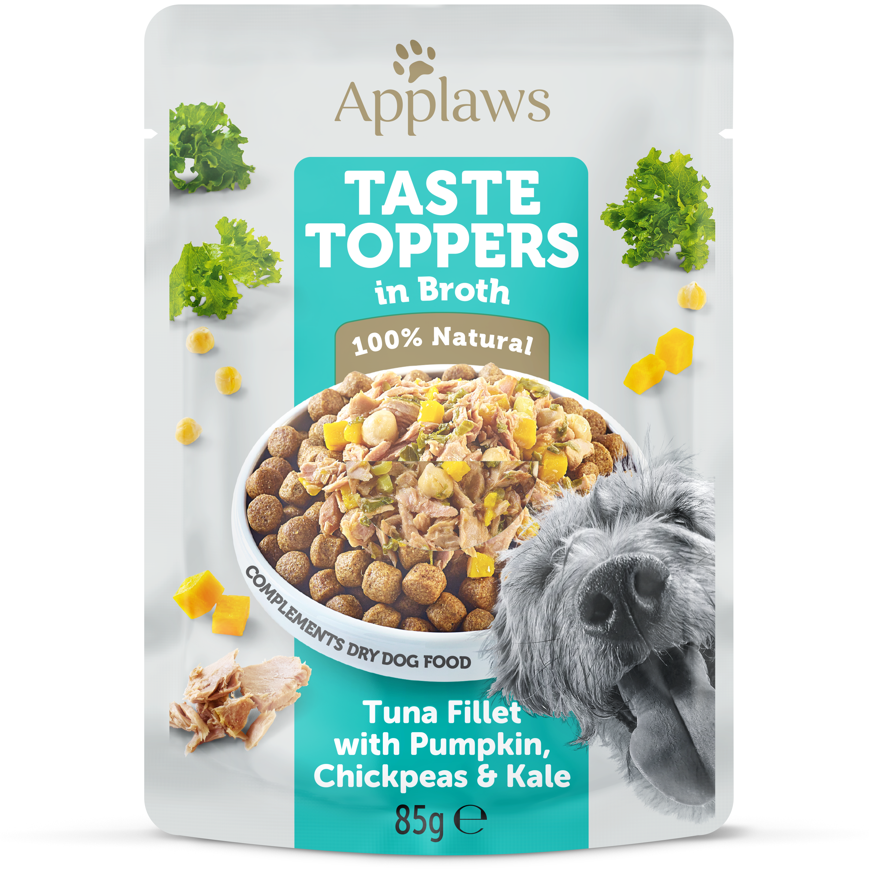 Applaws Tasty Toppers dog Pouch, Tuna Fillet with Pumpkin, Chickpeas & Kale in Broth, 85g